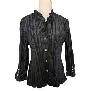 Vintage Y2K Agora Black Metallic Crinkle Rhinestone Button Down Blouse Women's L